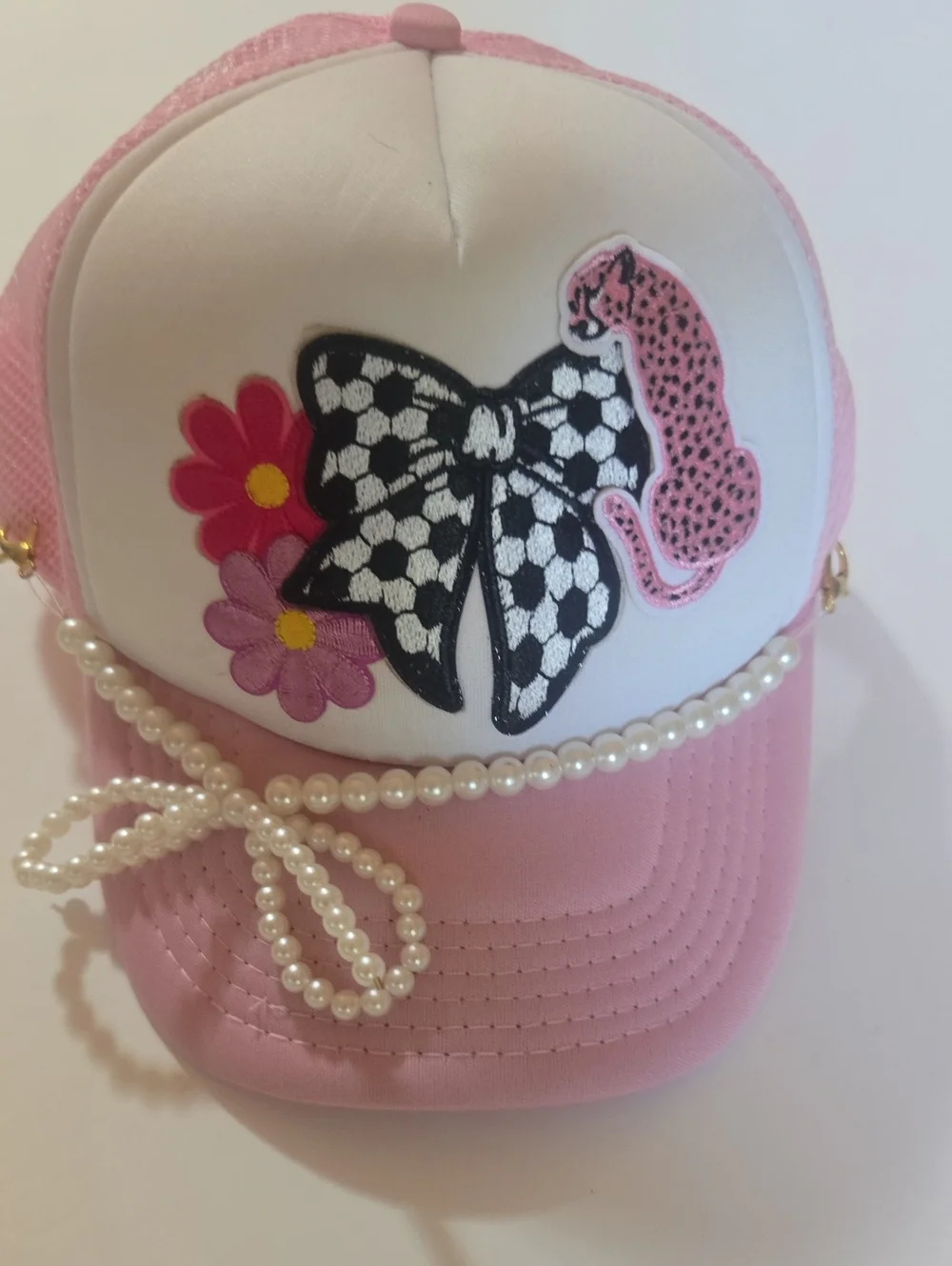Pink Embellished Trucker Hat with Bow & Leopard Patch Nee Kids Pink